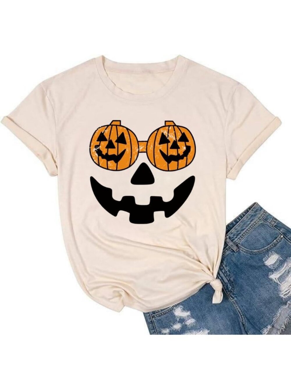 🆕 Women's Beige Pumpkin Glasses Halloween Graphic Tee Short Sleeve Shirt